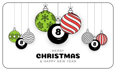 Obraz premium billiard christmas greeting card in trendy line style. Merry Christmas and Happy New Year outline cartoon Sports banner. billiard ball as a xmas ball on white background. Vector illustration.
