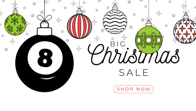 billiard christmas greeting card in trendy line style. Merry Christmas and Happy New Year outline cartoon Sports banner. billiard ball as a xmas ball on white background. Vector illustration.