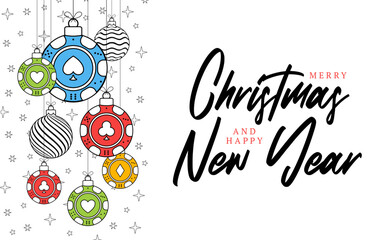 Poker christmas greeting card in trendy line style. Merry Christmas and Happy New Year outline cartoon Sports banner. casino chip as a xmas ball on white background. Vector illustration.