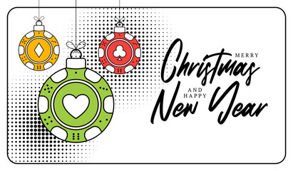 Fototapeta premium Poker christmas greeting card in trendy line style. Merry Christmas and Happy New Year outline cartoon Sports banner. casino chip as a xmas ball on white background. Vector illustration.
