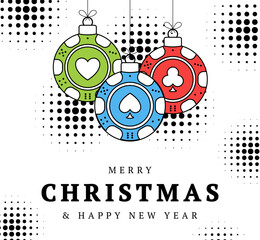 Obraz premium Poker christmas greeting card in trendy line style. Merry Christmas and Happy New Year outline cartoon Sports banner. casino chip as a xmas ball on white background. Vector illustration.