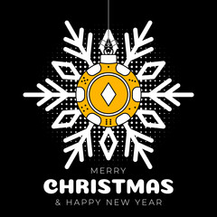 Casino christmas greeting card. Merry Christmas and Happy New Year outline style flat cartoon Sports banner. poker chip as a xmas ball on black background. Vector illustration.