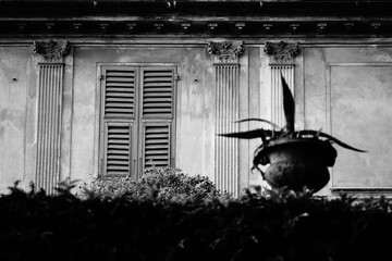 Black and White Photo of a Neoclassical Facade with Window with Closed Shutters in Genoa, Liguria, Italy
