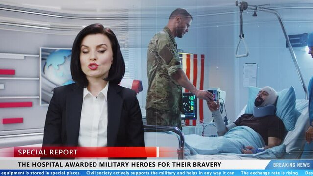 Woman TV presenter talking about rewarding wounded soldiers in military hospital while reporting breaking news on live TV channel
