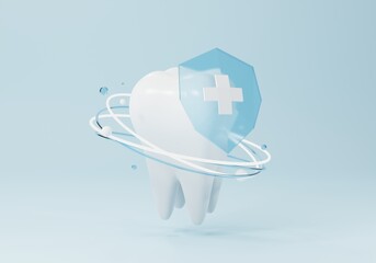 Teeth whitening, oral health care concept with molar tooth model protected by shield on blue background. 3D render, 3D illustration
