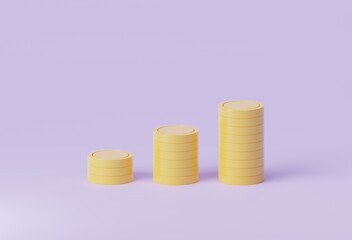 Coin stacks on purple background, investment, cryptocurrency, exchange, market trading, finance. 3D rendering, 3D illustration.