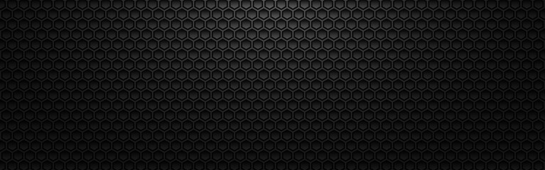 Hexagon metal background. Black 3d grid with light and shadow. Dark futuristic cells. Industrial perforated texture. Modern carbon wallpaper. Vector illustration