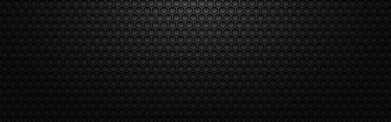 Foto op Aluminium Hexagon metal background. Black 3d grid with light and shadow. Dark futuristic cells. Industrial perforated texture. Modern carbon wallpaper. Vector illustration © Vegorus
