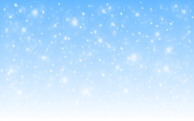 Snow background. Winter realistic snowfall. Defocused snowflakes on blue backdrop. Cold Christmas texture. Snowstorm and frost effect. Vector illustration