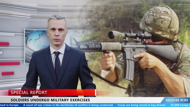 Male news anchor in special report from TV studio talking about the beginning of military exercises and training of soldiers
