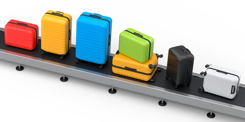 Airport luggage conveyor belt or manufacture line with baggages on white.