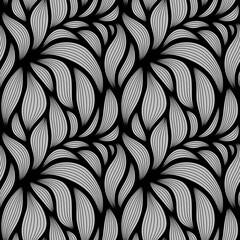 Luxury seamless floral pattern with striped leaves. Elegant astract background in minimalistic linear style.