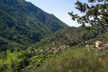 Panorama of the green mountains surrounding the village of Olivetta (Province of Imperia, Ligurian Region, Northern Italy). Located near the Italian-French borders, where a fine olive oil is produced.