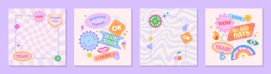 Vector set of cute fun templates with frames,patches,stickers in 90s style.Modern symbols in y2k aesthetic with text.Trendy groovy designs for banners,social media marketing,branding,packaging,covers