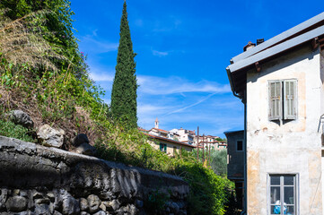 View of the old houses of the village of Olivetta (Province of Imperia, Ligurian Region, Northern Italy). Located near the Italian-French borders, where a fine olive oil is produced.