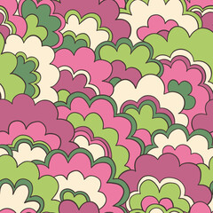 Retro Psychedelic Clouds Vector Seamless Pattern. Nostalgic Vintage Print. Groovy Textile Design. Flower Power Hippie Background - 529533367