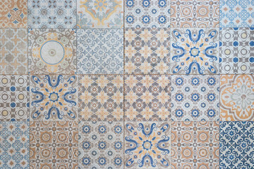 Old tile with different patterns on the floor. Template for text, retro style