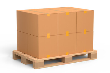 Set of wooden pallet for warehouse cargo storage with cardboard boxes on white