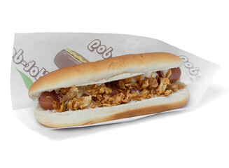 American Hotdog with fried Onions, Isolated White background