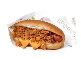 American Hotdog with fried Onions and Cheddar cheese, Isolated White background