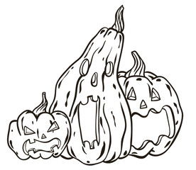 Scary pumpkins, hand drawn outline vector illustration for halloween