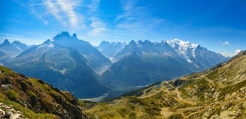 Mountain landscape in Chamonix. Hiking holidays with a breathtaking view of the Mont Blanc massif.  Flowers and mountain lake. High quality photo