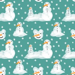 Winter seamless watercolor snowman and snowflakes pattern for Christmas wrapping paper and kids notebooks