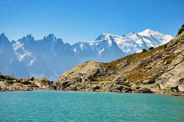 Lac Blanc with a view of Mont Blanc above Chamonix. Wonderful view over the mountain lake to the glacier. Haute-Savoie. High quality photo