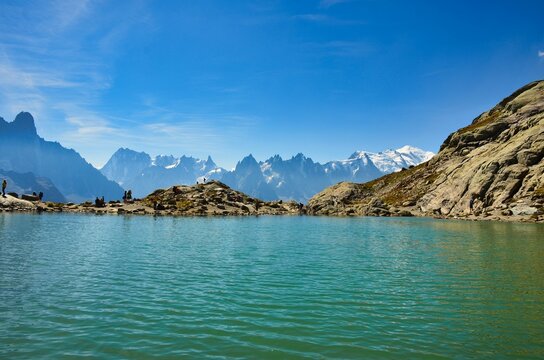 Lac Blanc with a view of Mont Blanc above Chamonix. Wonderful view over the mountain lake to the glacier. Haute-Savoie. High quality photo