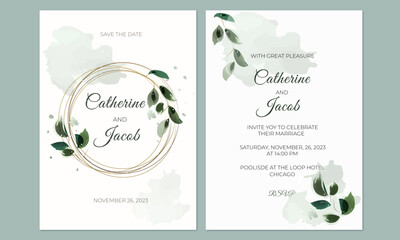 Greenery wedding invitation template. Watercolor leaves. Rustic style
