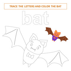 Trace the letters and color the bat.Game for kids.