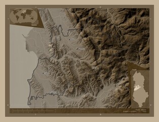 Tirane, Albania. Sepia. Labelled points of cities