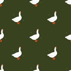 white goose on green background seamless vector pattern
