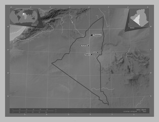Adrar, Algeria. Grayscale. Labelled points of cities