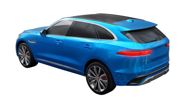 London. UK. September 10, 2022. Jaguar F-Pace R-Dynamic blue premium sports crossover. 3d rendering.