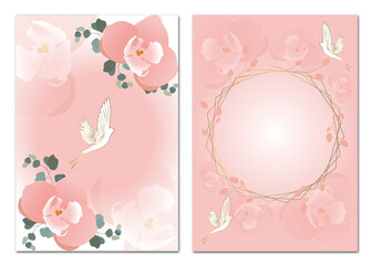 Floral frame for postcard. Delicate orchids, eucalyptus, green plants, bird and leaves, golden sparkles. Floral design for wedding invitation. postcard