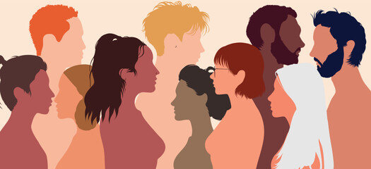 Diversity, multicultural society, and friendship. People from diverse cultures. Racial equality and anti-racism. Men, women, and girls of diverse cultures in a cartoon profile.