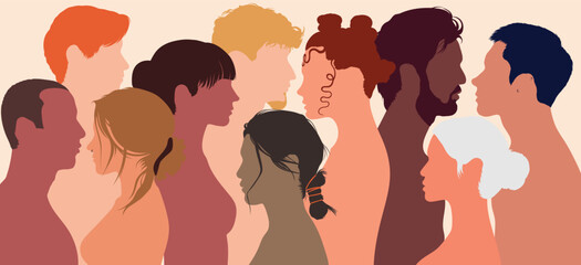 Multicultural and multiracial society. Friendship and empowerment of diverse people. Flat cartoon profile group of men and women from diverse cultures.
