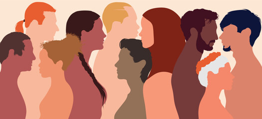 People of diverse and multicultural races and cultures working together in harmony, partnership, cooperation, friendship and teamwork. Flat cartoon group.