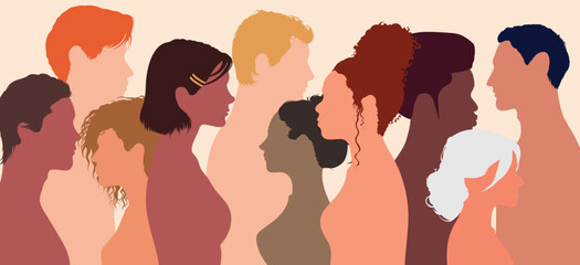 A cartoon group showing men and women from various cultures and countries. Multi-ethnicity. Racial equality. Harmony and coexistence in multicultural communities.