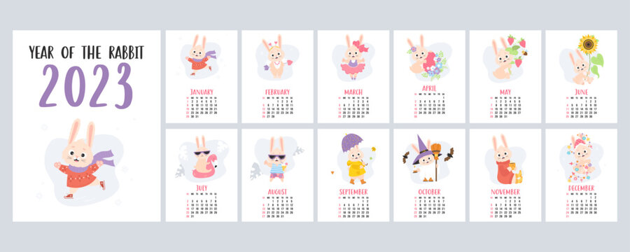Annual monthly wall calendar 2023 with mascot Year cute bunny. Collection of 12 vertical pages templates and cover. Vector illustration. Week from Sunday in English. Chinese Year of rabbit.