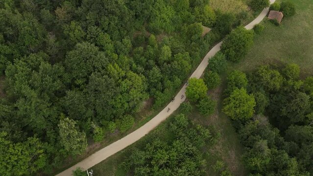 Group of people riding electric bikes e-bike bicycles in countryside