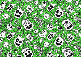Cartoon monsters aliens seamless kids emoticons pattern for wrapping and school notebooks and Halloween