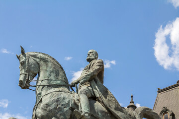 Statue of King Carol I in Bucharest, Calea Victoriei in front of the National Library building.