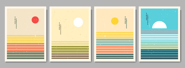 Vector illustration. Bauhaus. Mid century modern graphic. 60s retro funky graphic. Grunge texture. Minimalist landscape set. Abstract shapes. Design elements for poster, invitation card, book cover © VVadi4ka