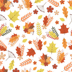 Autumn seamless pattern. Colorful leaves, flowers, and berries. Fall vector background.