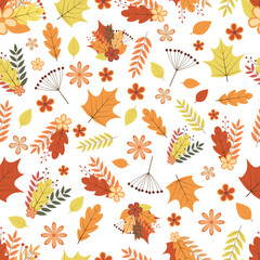 Autumn seamless pattern. Colorful leaves, flowers, and berries. Fall vector background. Perfect for scrapbooking, wrapping paper, etc