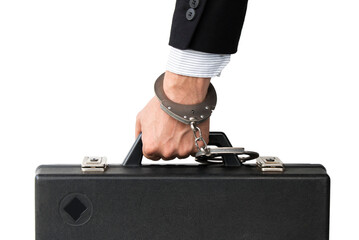 a hand holds a case handcuffed to the handle, on white isolated