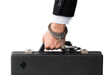 a hand holds a case handcuffed to the handle, on white isolated