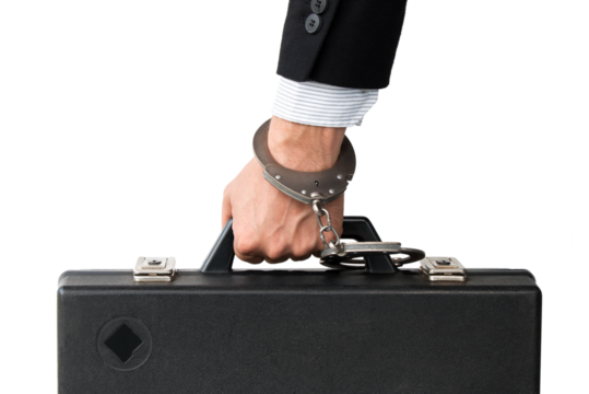 a hand holds a case handcuffed to the handle, on white isolated